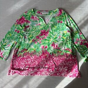 Pappagallo Green and Pink Floral V-Neck Blouse